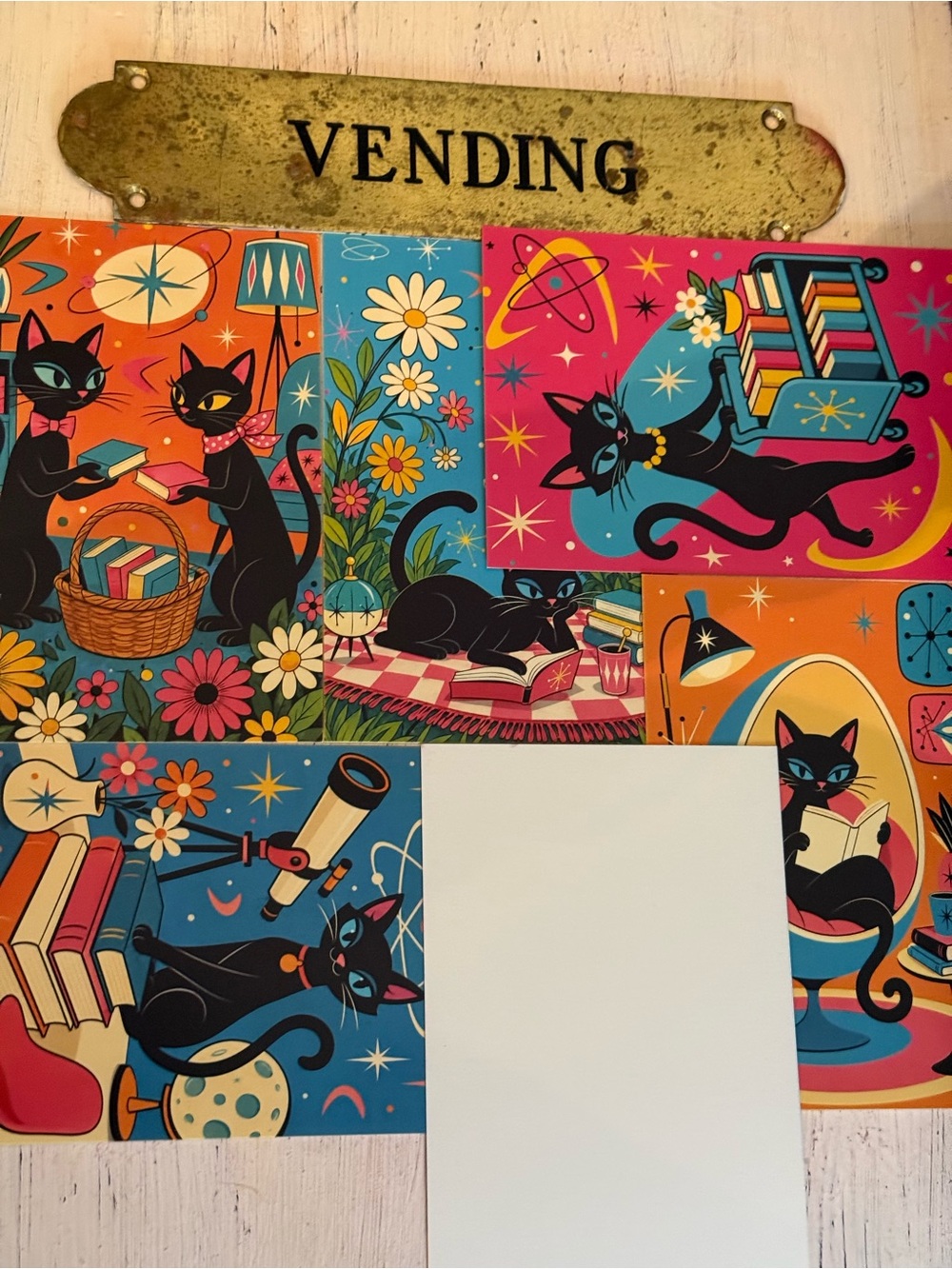 6 Mid-Century Black Cat Art Print Postcard/Notecard Set. PRINTS VARY!!!